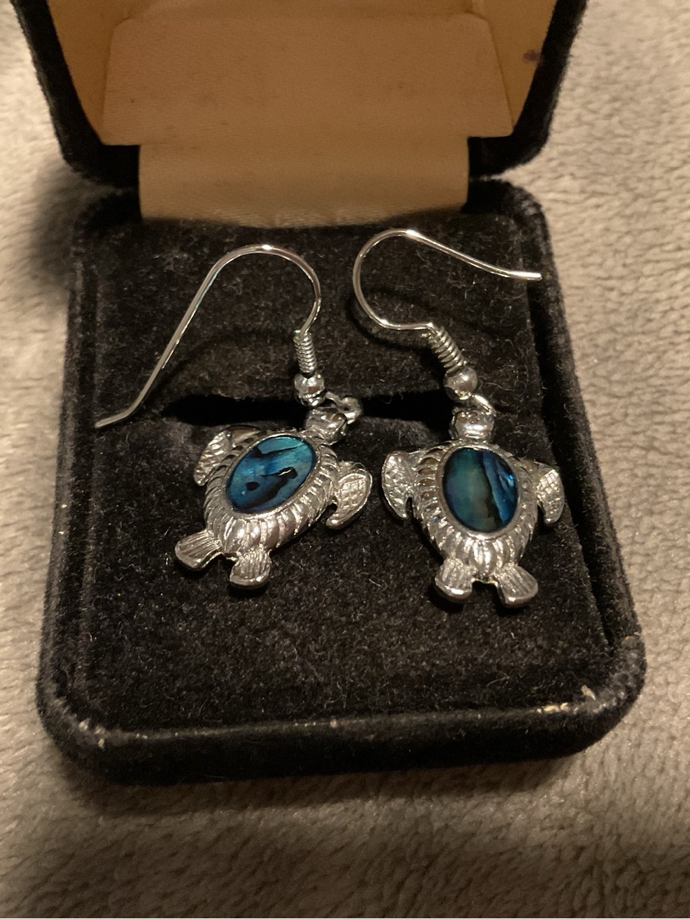 Silver Turtle Dangle Earrings with Blue Abalone Inlay